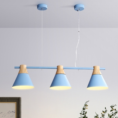 Nordic Style Cone Cluster Pendant Light Metallic 3-Light Dining Room Linear Suspension Lamp in Yellow/Blue/Green