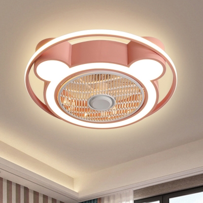 Pink/Blue LED Ceiling Fan Light Kids Acrylic Bear Head Semi Flush Mounted Lamp for Bedroom with Ring, 21.5