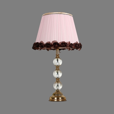 Pink Shaded Desk Light Modern 1 Bulb Fabric Table Lamp with Brass Carved Metal Base