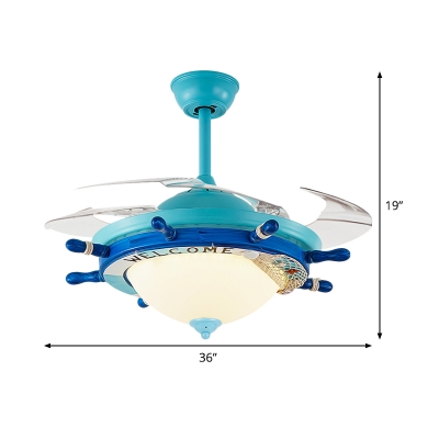 Rudder Acrylic Ceiling Fan Lamp Kids Bedroom 4 Clear Blades LED Semi Flush Mount Light in Blue with Wall/Remote Control, 36
