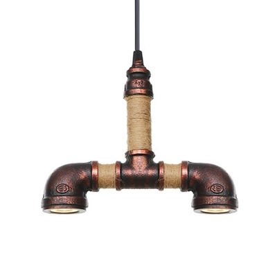 Rust 2-Head Pendant Light Fixture Antiqued Metallic Water Pipe LED Chandelier for Coffee House