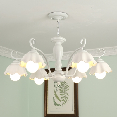 Scallop Dining Room Ceiling Chandelier Pastoral Frosted Glass 6 Heads White/Pink/Green Hanging Light Fixture
