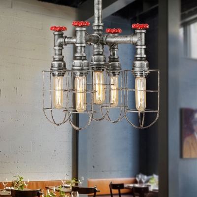 Silver 5 Heads Hanging Lighting Antiqued Metallic Piping Chandelier Pendant Lamp with Wire Cage