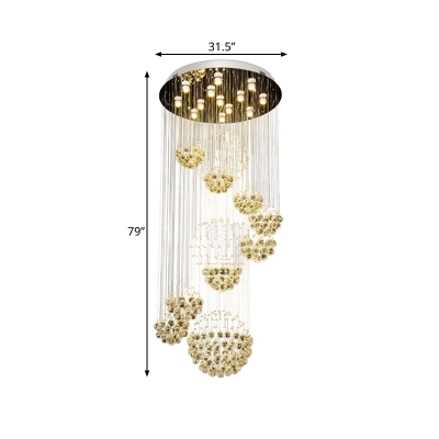 Sphere Cluster Pendant Light Minimalist Beveled Crystal 13 Heads Stair Hanging Lamp in Gold