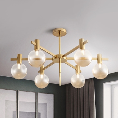 Spherical Living Room LED Pendant Clear Glass 6 Lights Minimalist Radial Chandelier Lamp Fixture in Brass