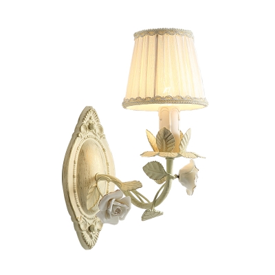 Tapered Living Room Sconce Lamp Traditional Metal 1/2 Lights Beige Flower Wall Lighting with Fabric Shade