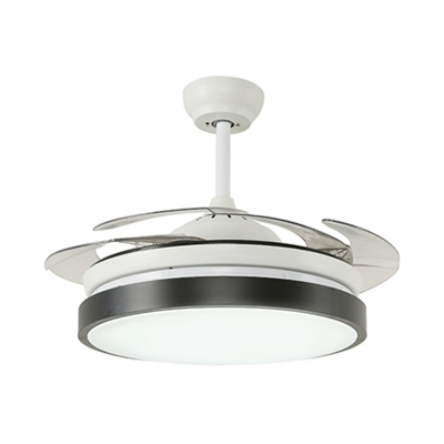 White/Black LED Ceiling Fan Light Modernist Acrylic Drum 4 Blades Semi Flush Lamp over Dining Table, 42