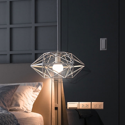 White Geometric Cage Pendant Lamp Contemporary 1-Head Metal Hanging Ceiling Light