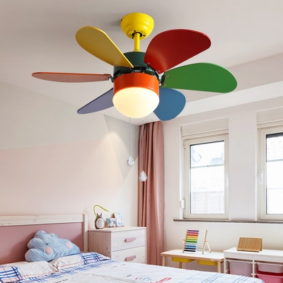 Wood Yellow LED Semi Flushmount 6 Blades Kid Ceiling Fan Lighting for Living Room, 30