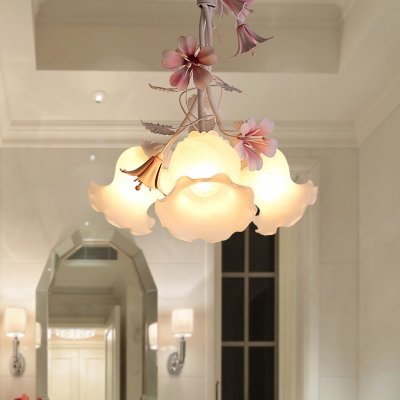 1/3 Bulbs Chandelier Lighting Fixture Country Style Floral White Glass Suspension Lamp for Bedroom