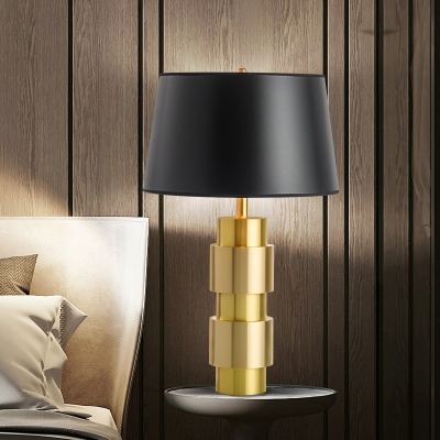 1 Bulb Flared Desk Light Modern Fabric Night Table Lamp in Black with Metal Base