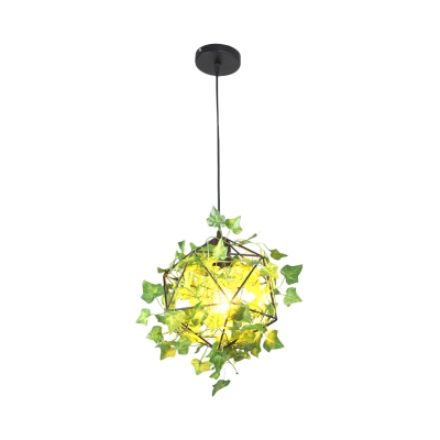1-Bulb Metal Hanging Lamp Retro Black Cage Restaurant LED Suspension Lighting with Plant Decoration
