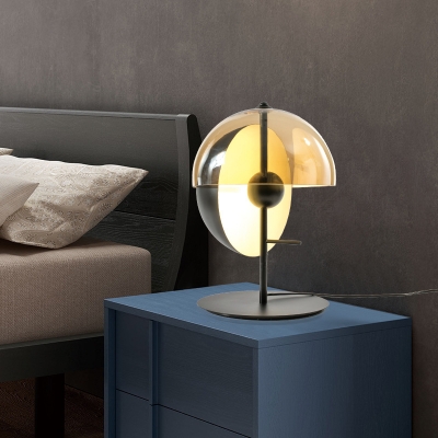 1 Head Bedroom Task Light Modern Black Small Desk Lamp with Hemisphere Cognac Glass Shade