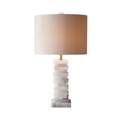 1 Head Cylindrical Desk Lamp Modernism Fabric Table Light in White with Marble Base