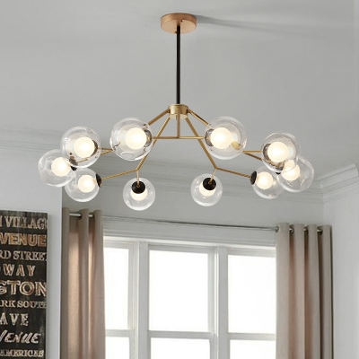 10 Heads Living Room Ceiling Chandelier Modernism Gold Branch Pendant with Orb Clear Glass Shade