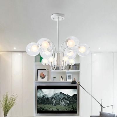 12 Heads Living Room Pendant Chandelier Modernist White Hanging Lamp with Ball Clear Glass Shade