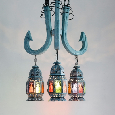 3 Lights Lantern Chandelier Lamp Arabic Blue Metal Pendant Ceiling Light for Restaurant