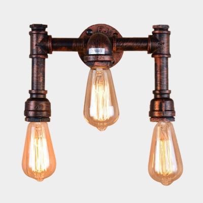 3 Lights Sconce Light Fixture Farmhouse Water Pipe Metallic Wall-Mount Lamp in Rust