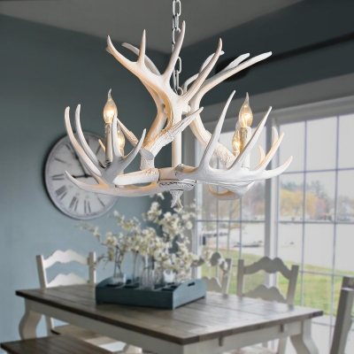 4 Light Antler Hanging Light Lodge Designers Style White Resin Suspension Light for Living Room