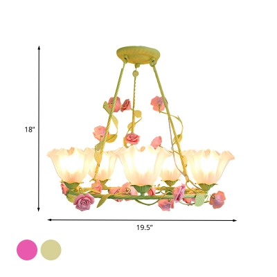 5 Bulbs Opal Glass Chandelier Country Style Pink/Yellow Wagon Wheel Bedroom Pendant Lighting Fixture