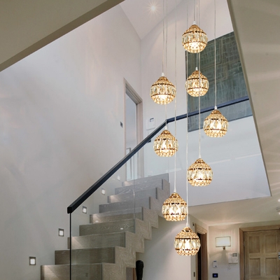 8 Bulbs Stair Cluster Pendant Modern Gold Hanging Light Fixture with Round Clear Crystal Shade