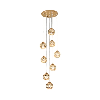 8 Bulbs Stair Cluster Pendant Modern Gold Hanging Light Fixture with Round Clear Crystal Shade