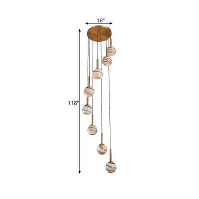 8 Lights Stair Cluster Pendant Modern Brown LED Hanging Ceiling Light with Global Frosted Glass Shade
