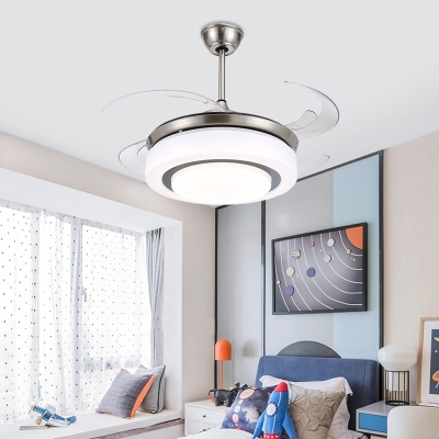 Acrylic 2 Layers Ceiling Fan Lighting Modern Bedroom LED Semi Flush Mounted Lamp in Silver with 4 Blades, 48