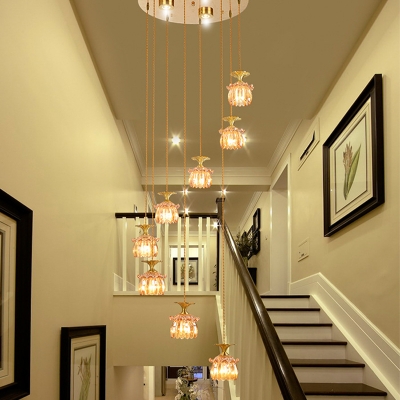 Amber Glass Globe/Cylinder Cluster Pendant Modern 8 Bulbs Brass Ceiling Hang Fixture for Stair