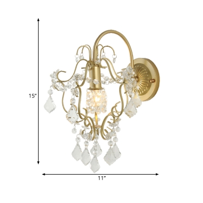 Bedroom Cafe Twist Shade Wall Light Metal 1 Head Elegant Style Gold Sconce Light with Clear Crystal