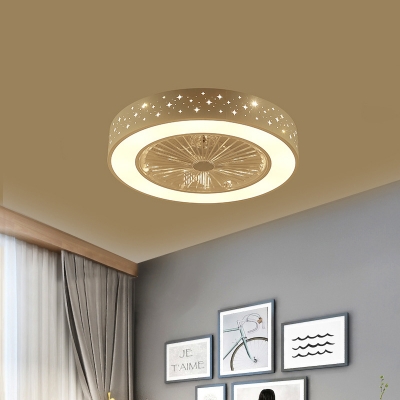 Circular Metal Semi Flush Ceiling Light Simplicity LED Bedroom Pendant Fan Lighting in White with 3 Blades, 21.5