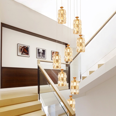 Clear Crystal Cylinder Cluster Pendant Simple 8 Heads Gold Suspension Light for Stair