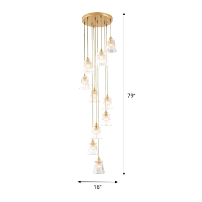 Conical Cluster Pendant Light Minimalist Clear Prismatic Glass 10 Heads Stair Hanging Lamp in Gold