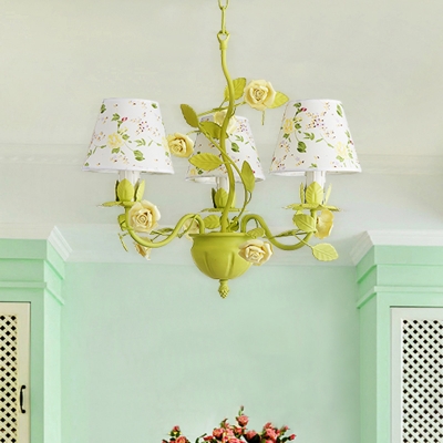 Countryside Conical Chandelier Light Fixture 3/6/8 Bulbs Metal Drop Pendant in Green with Fabric Shade