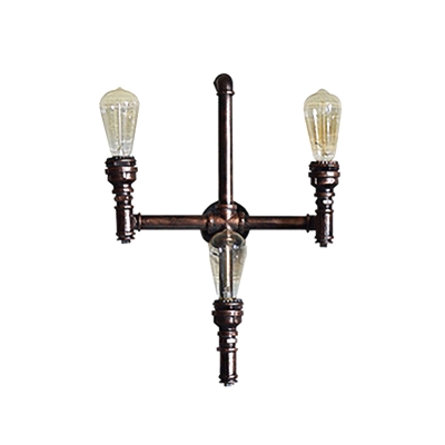 Cross Iron Sconce Lamp Fixture Antiqued 3-Bulb Corridor Wall Mounted Pipe Light in Rust