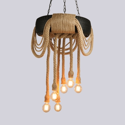 Exposed Bulb Rope Chandelier Lighting Farmhouse 6 Heads Restaurant Pendant Lamp in Beige with Tyre Deco