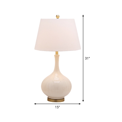 Fabric Cone Desk Light Modern 1 Head Night Table Lamp in White with Jar Ceramic Base