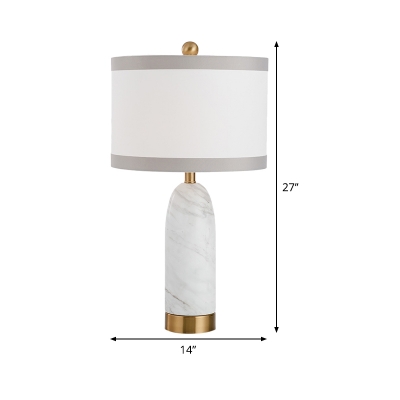 Fabric Cylinder Task Lamp Modern 1 Head White Reading Book Light with Marble Base
