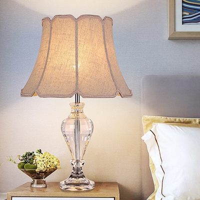 Fabric Shaded Desk Light Modern 1 Bulb Night Table Lamp in Beige with Crystal Base