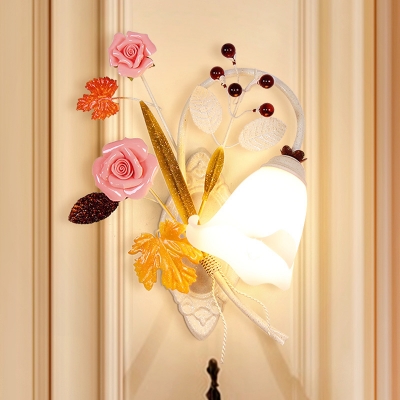 Flared Living Room Wall Sconce Countryside Metal 1 Light White Wall Lighting Fixture with Rose and Leaf, Left/Right