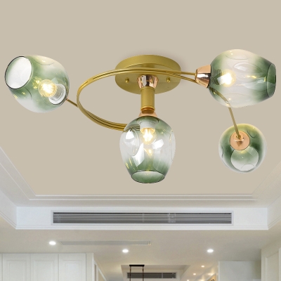 Gold Spiral Semi Flushmount Modernist 4-Bulb Metal Flush Ceiling Light with Bud Gradual Green Dimpled Glass Shade
