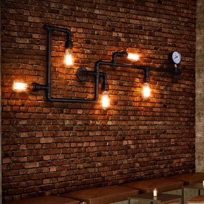Industrial Maze Pipe Sconce Lighting 5-Head Iron Wall Mount Lamp in Copper with Gauge Deco