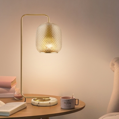 Lantern Table Lamp Modernism Lattice Glass 1 Head Desk Light in Brass with Curvy Arm