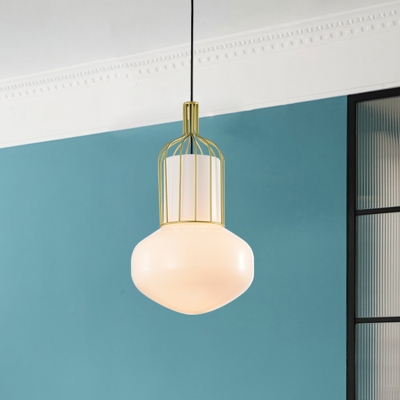 Modern 1-Bulb Hanging Light Kit with White Glass Shade Gold Schoolhouse Ceiling Pendant Lamp