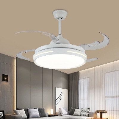 Modernist Drum Semi Flush Lighting LED Acrylic Pendant Fan Lamp Fixture in White with 8 Gold PC Blades, 42