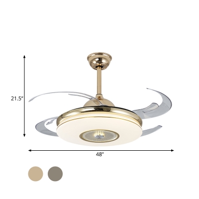 Nickel/Gold LED Semi Flush Mounted Lamp Modern Acrylic Circle Shade 4 Blades Pendant Fan Lamp, 48