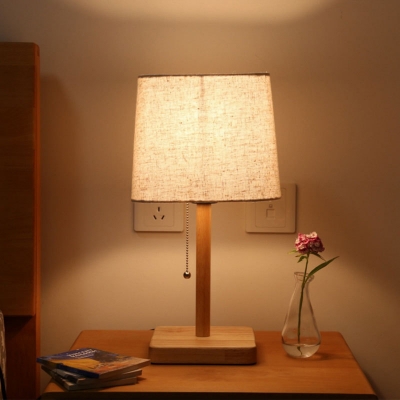 Pagoda Task Light Contemporary Fabric 1 Bulb Small Desk Lamp in Wood with Pull Chain