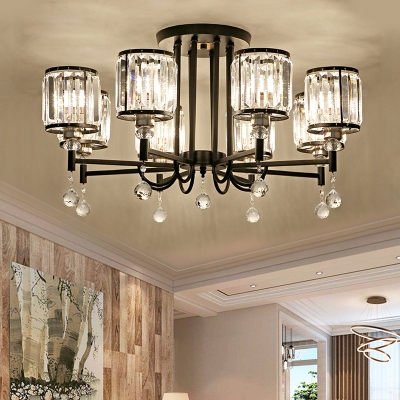 Traditional Black Semi Flush Ceiling Light Drum Shade 3/6/8 Heads Metal Crystal Ceiling Lamp for Bedroom