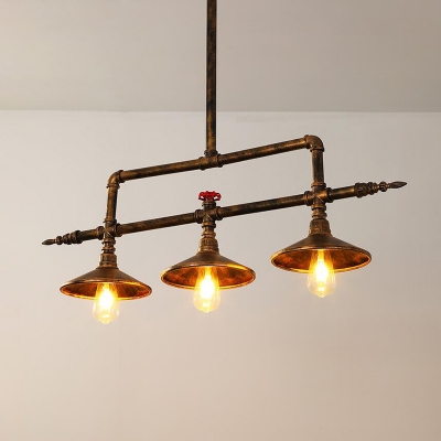 Vintage Linear Pipe Hanging Light Fixture 3 Heads Metal Island Pendant Lamp in Rust with Saucer Shade