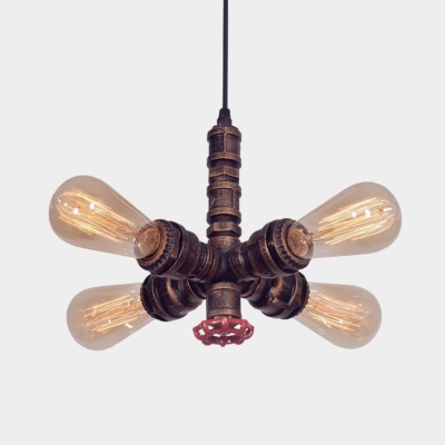 Vintage Radial Pipe Pendant Chandelier 4 Heads Metal Suspension Light in Copper with Water Valve Deco